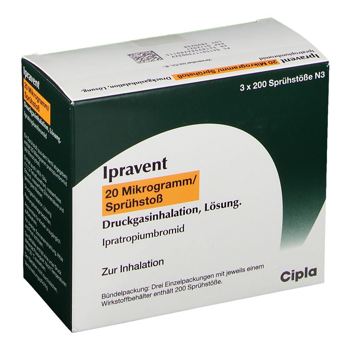 Karton Ipravent 20 Mikrogramm/Sprühstoß. Druckgasinhalation, Lösung. Ipratropiumbromid. 3x200 Sprühstöße. Cipla-Logo.