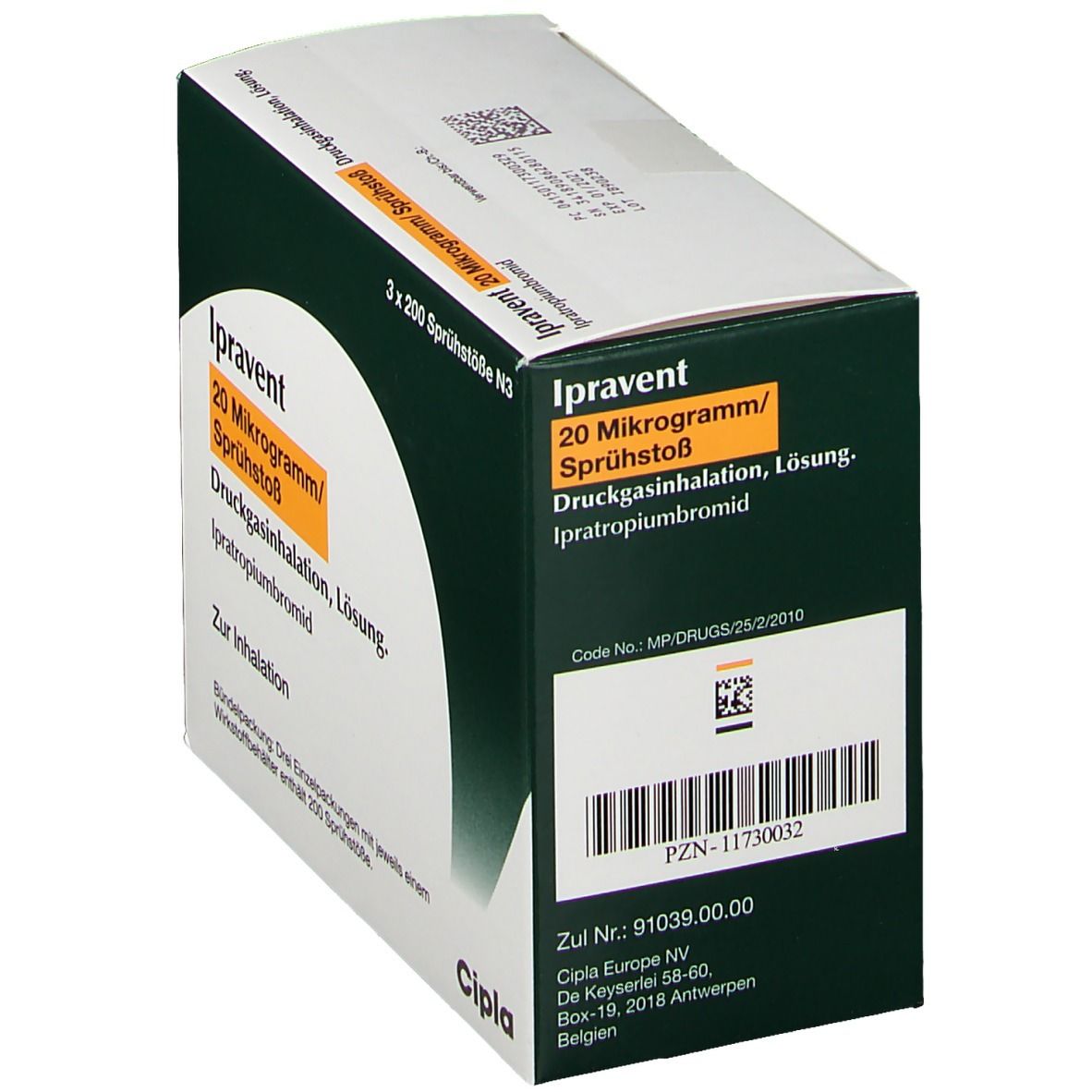 Karton Ipravent 20 Mikrogramm/Sprühstoß. Druckgasinhalation, Lösung. Ipratropiumbromid. Cipla-Logo und PZN-Nummer.