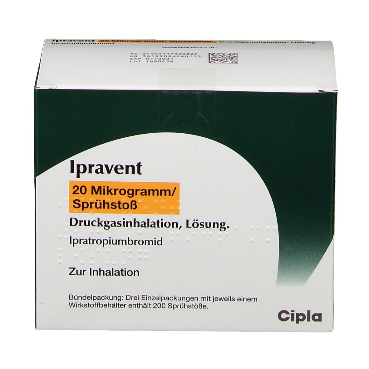 Karton Ipravent 20 Mikrogramm/Sprühstoß. Druckgasinhalation, Lösung. Ipratropiumbromid. Cipla-Logo.