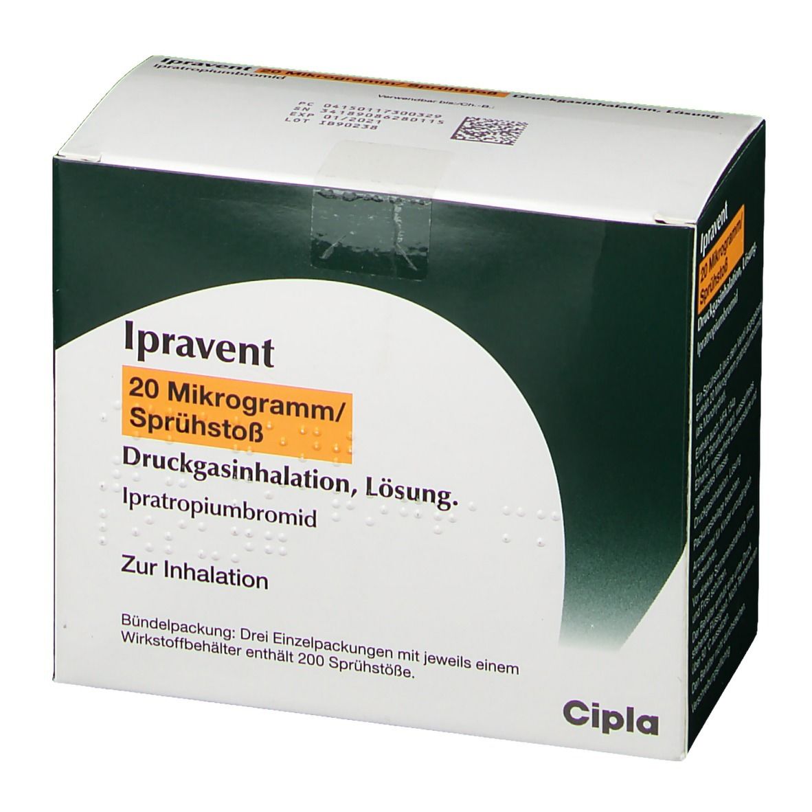 Karton Ipravent 20 Mikrogramm/Sprühstoß. Druckgasinhalation, Lösung. Ipratropiumbromid. Cipla-Logo.