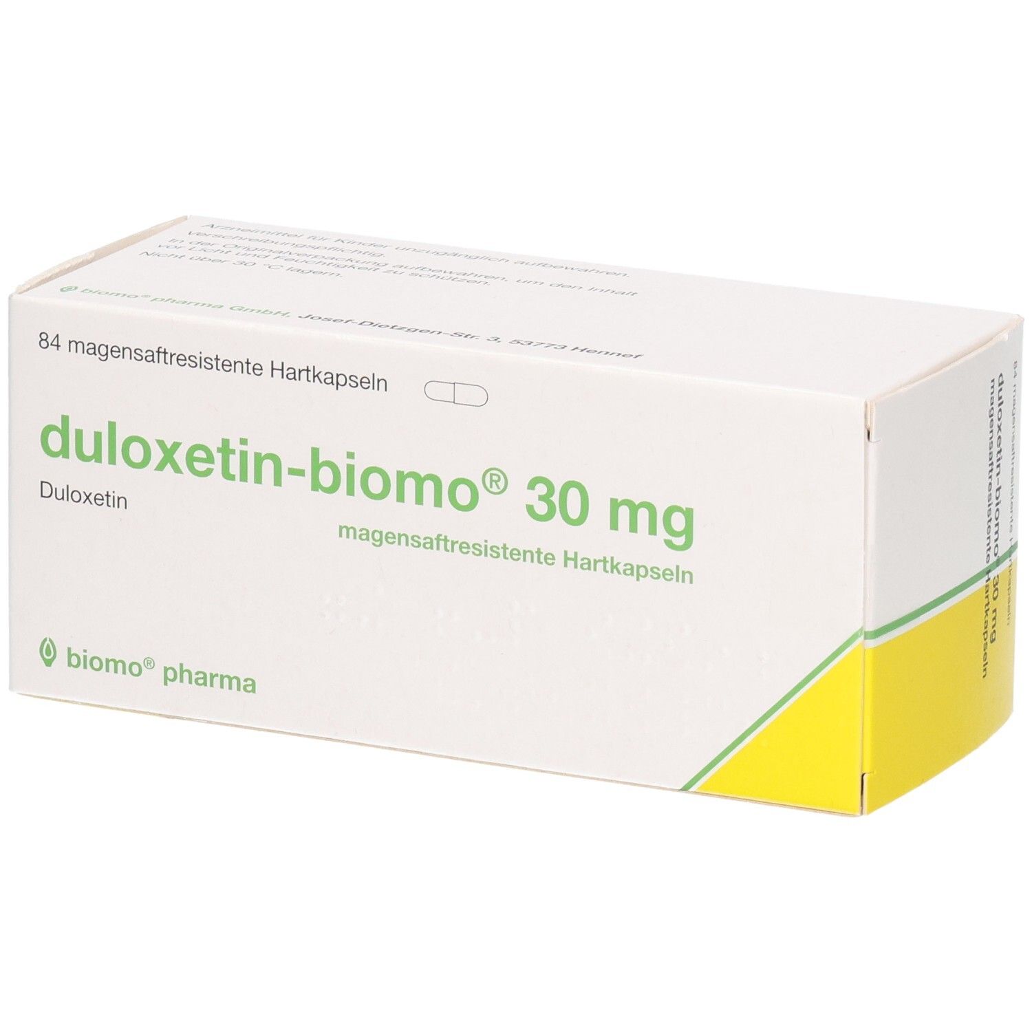 Packung Duloxetin-biomo 30 mg, magensaftresistente Hartkapseln, 84 Stück.