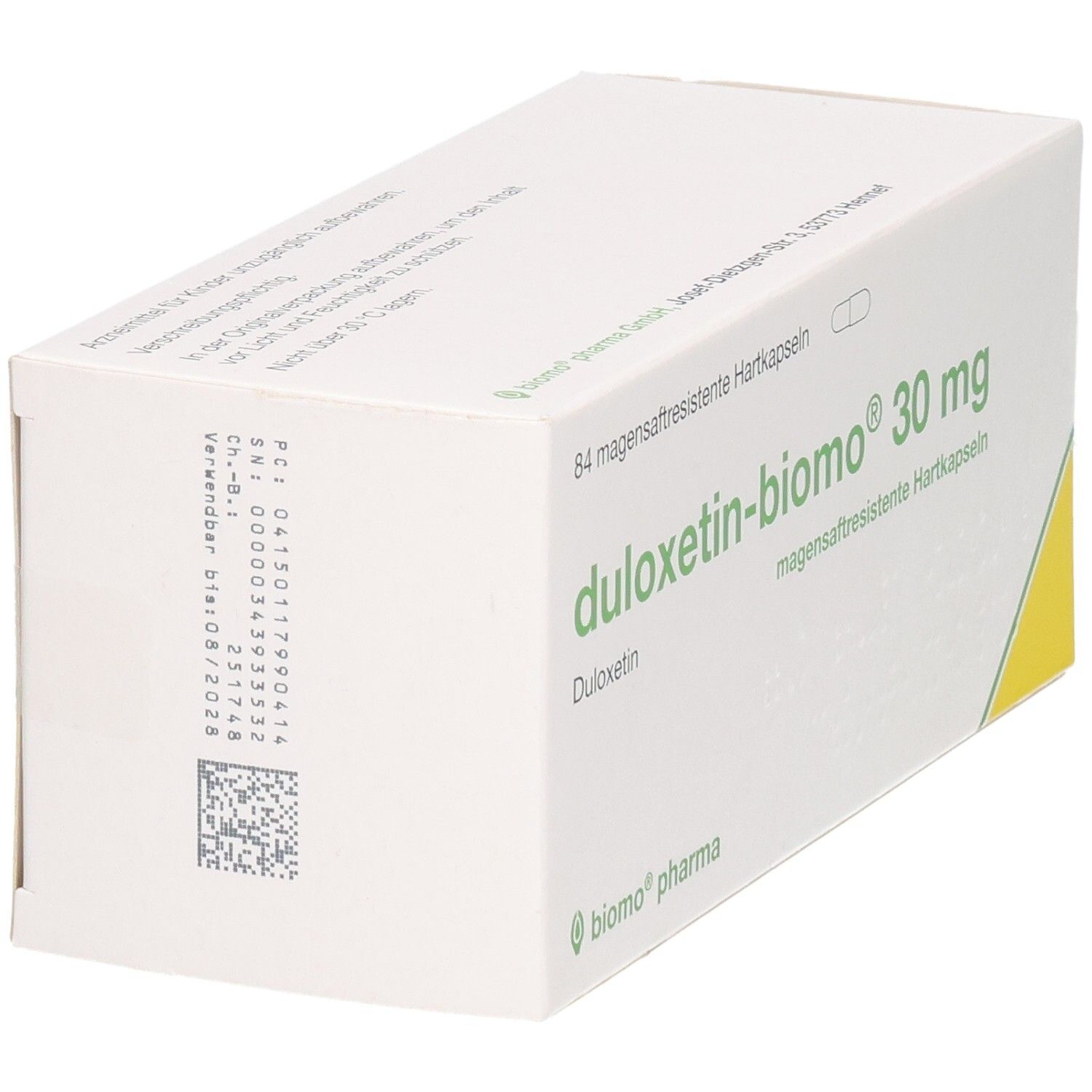 Packung Duloxetin-biomo 30 mg, Rückseite mit Barcode und Chargennummer.
