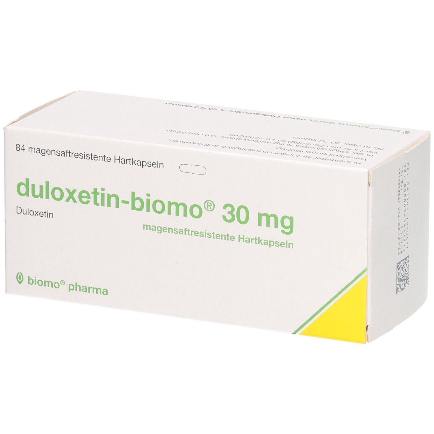 Packung Duloxetin-biomo 30 mg, magensaftresistente Hartkapseln, 84 Stück.