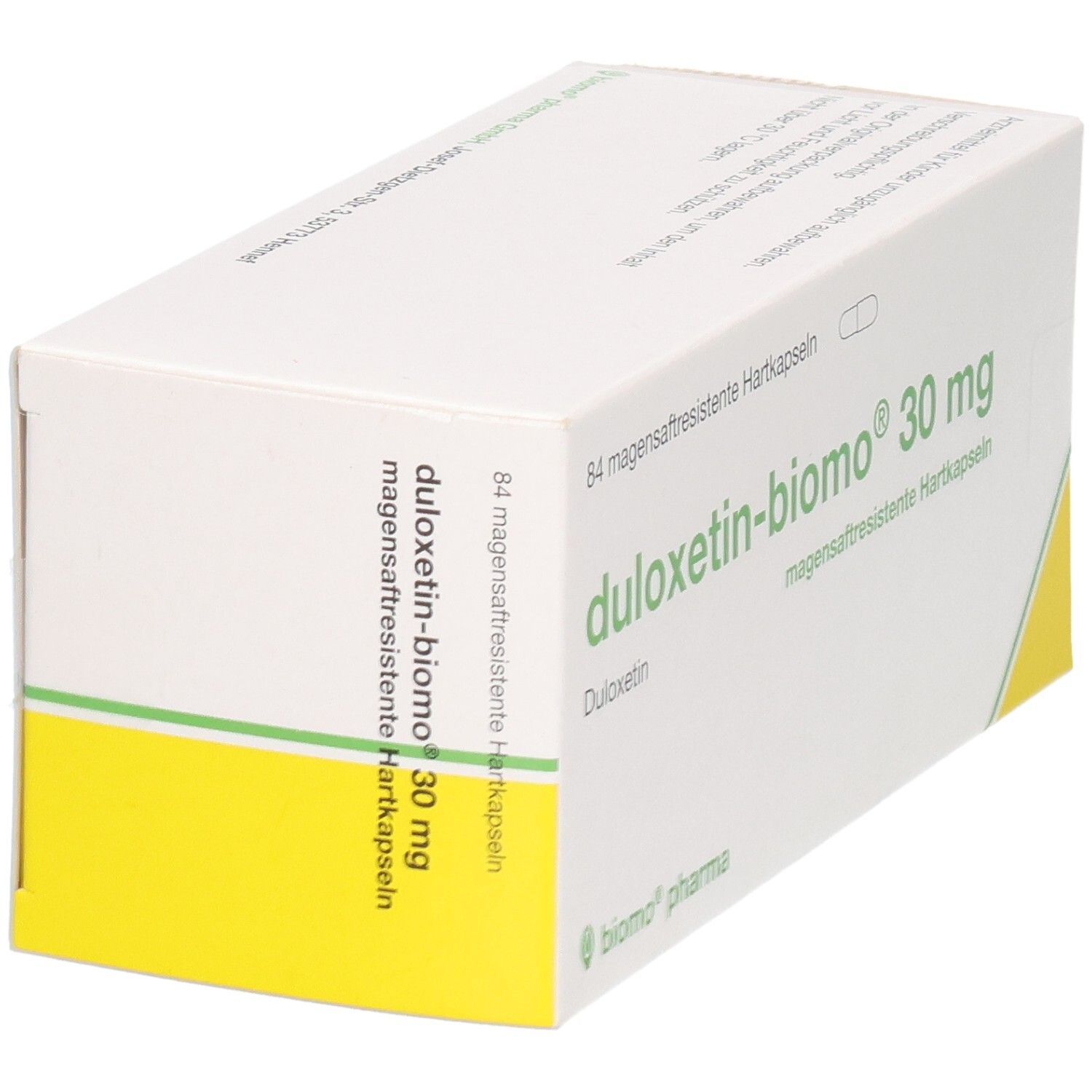 Packung Duloxetin-biomo 30 mg, magensaftresistente Hartkapseln, 84 Stück.