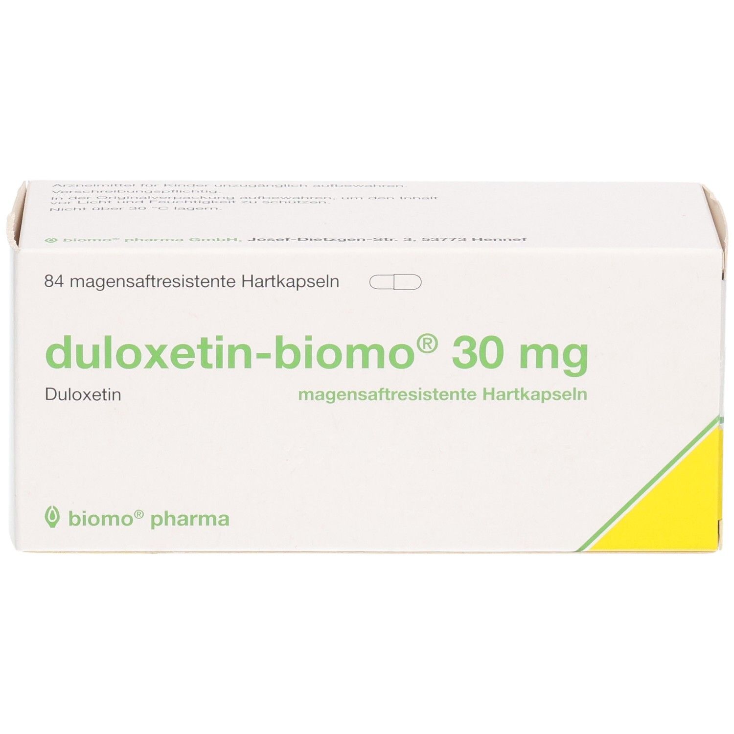 Packung Duloxetin-biomo 30 mg, magensaftresistente Hartkapseln, 84 Stück.