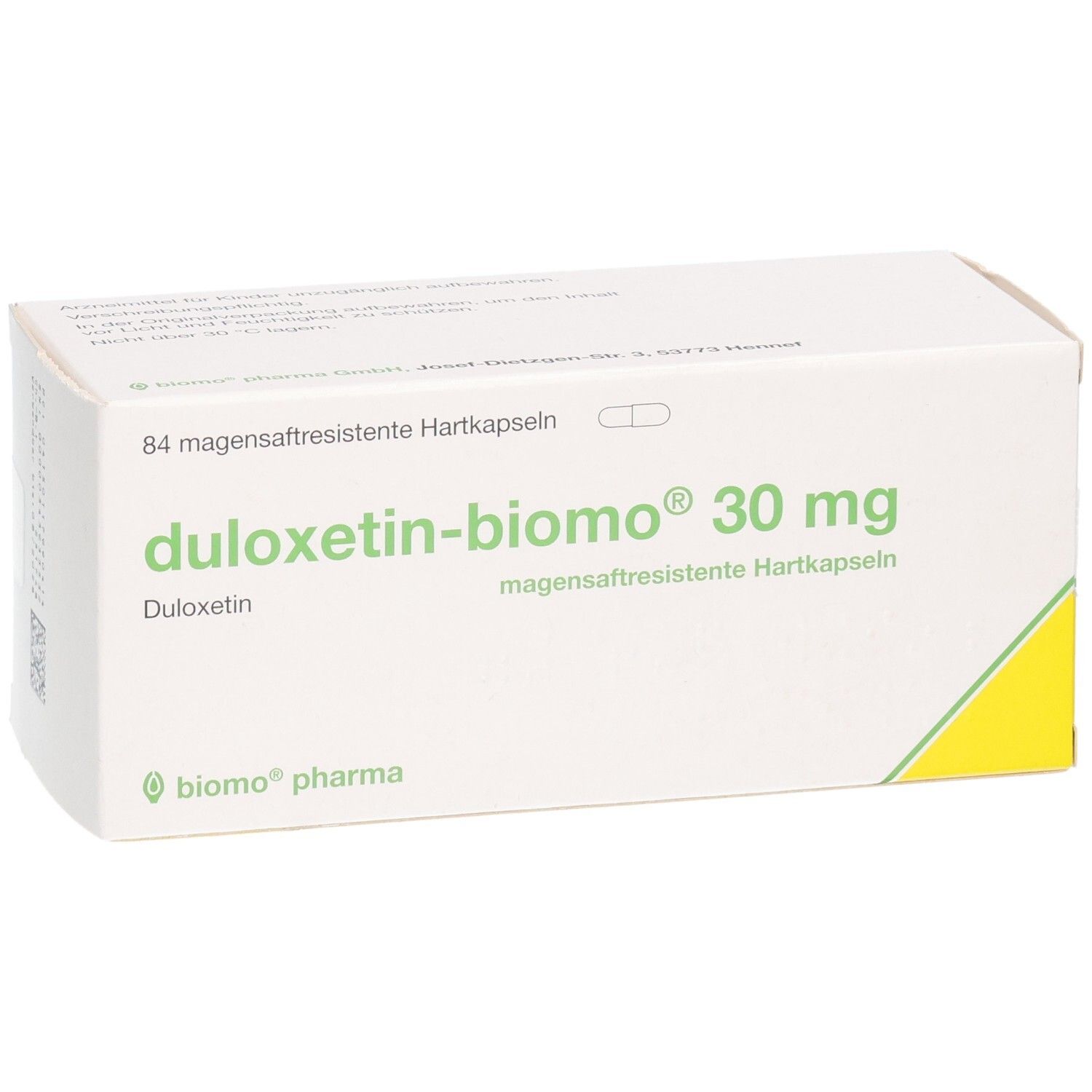 Packung Duloxetin-biomo 30 mg, magensaftresistente Hartkapseln, 84 Stück.