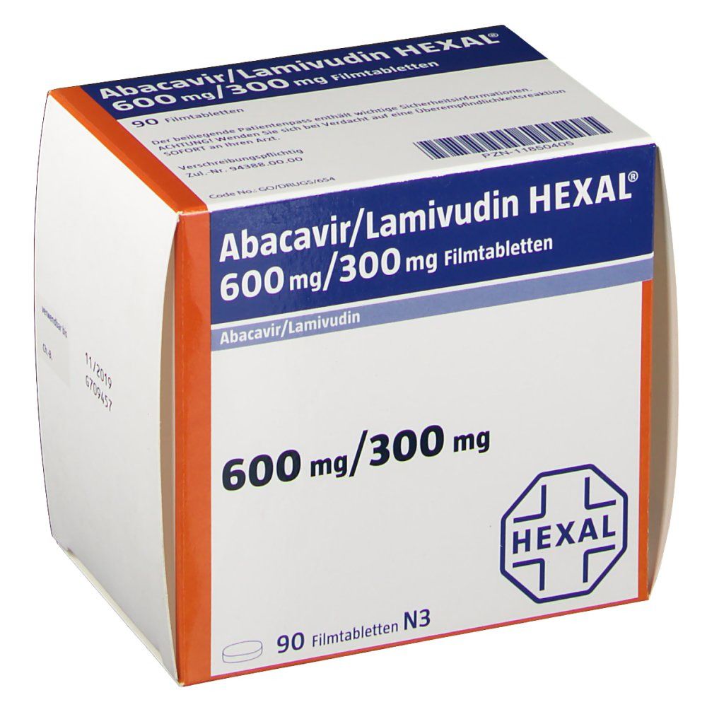 Schachtel mit Abacavir/Lamivudin HEXAL 600 mg/300 mg Filmtabletten. Weiße Verpackung mit blauen und orangen Akzenten. 90 Filmtabletten.