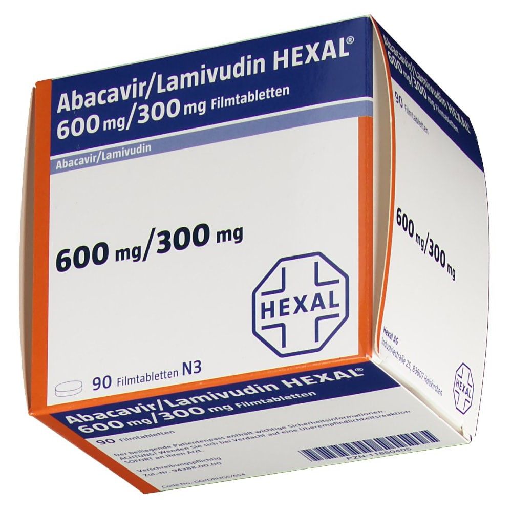 Schachtel mit Abacavir/Lamivudin HEXAL 600 mg/300 mg Filmtabletten. Weiße Verpackung mit blauen und orangen Akzenten. 90 Filmtabletten.