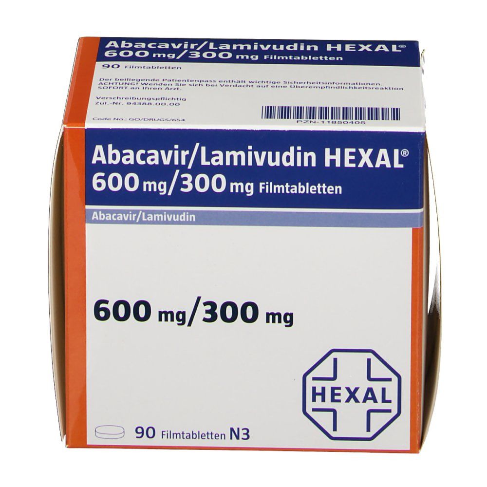 Schachtel mit Abacavir/Lamivudin HEXAL 600 mg/300 mg Filmtabletten. Weiße Verpackung mit blauen und orangen Akzenten. 90 Filmtabletten.
