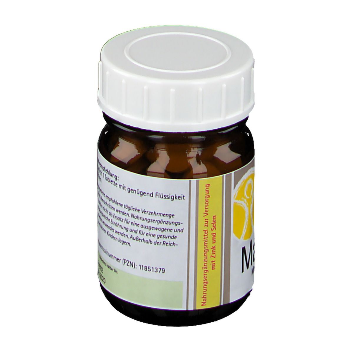 Braune Glasflasche mit weißem Deckel. Etikett mit Produktnamen und Logo. Enthält Tabletten.