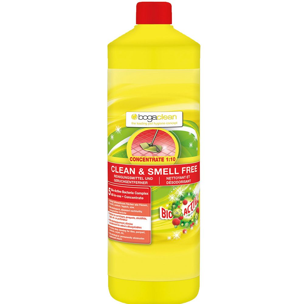 Gelbe Flasche mit rotem Deckel. Aufschrift: Clean & Smell Free, Konzentrat. Marke: bogaClean.