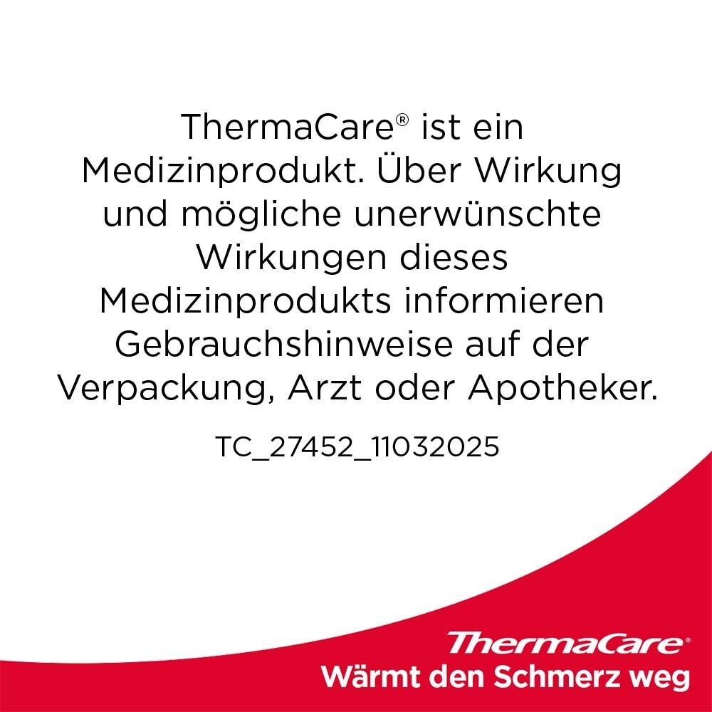 Text auf weißem Hintergrund: Medizinprodukt. Hinweise auf der Verpackung. ThermaCare® Logo.