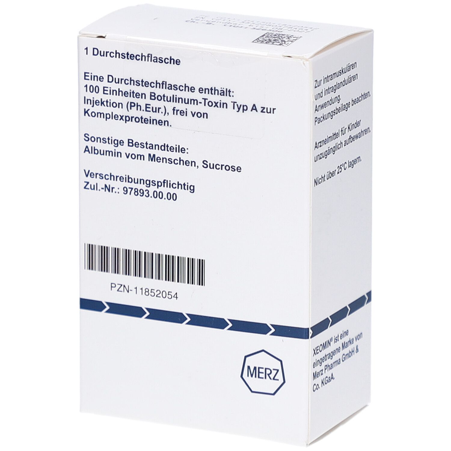 Weiße Xeomin-Verpackung, Rückseite. Text: 1 Durchstechflasche enthält 100 Einheiten. Barcode, Logo und Herstellerangaben.
