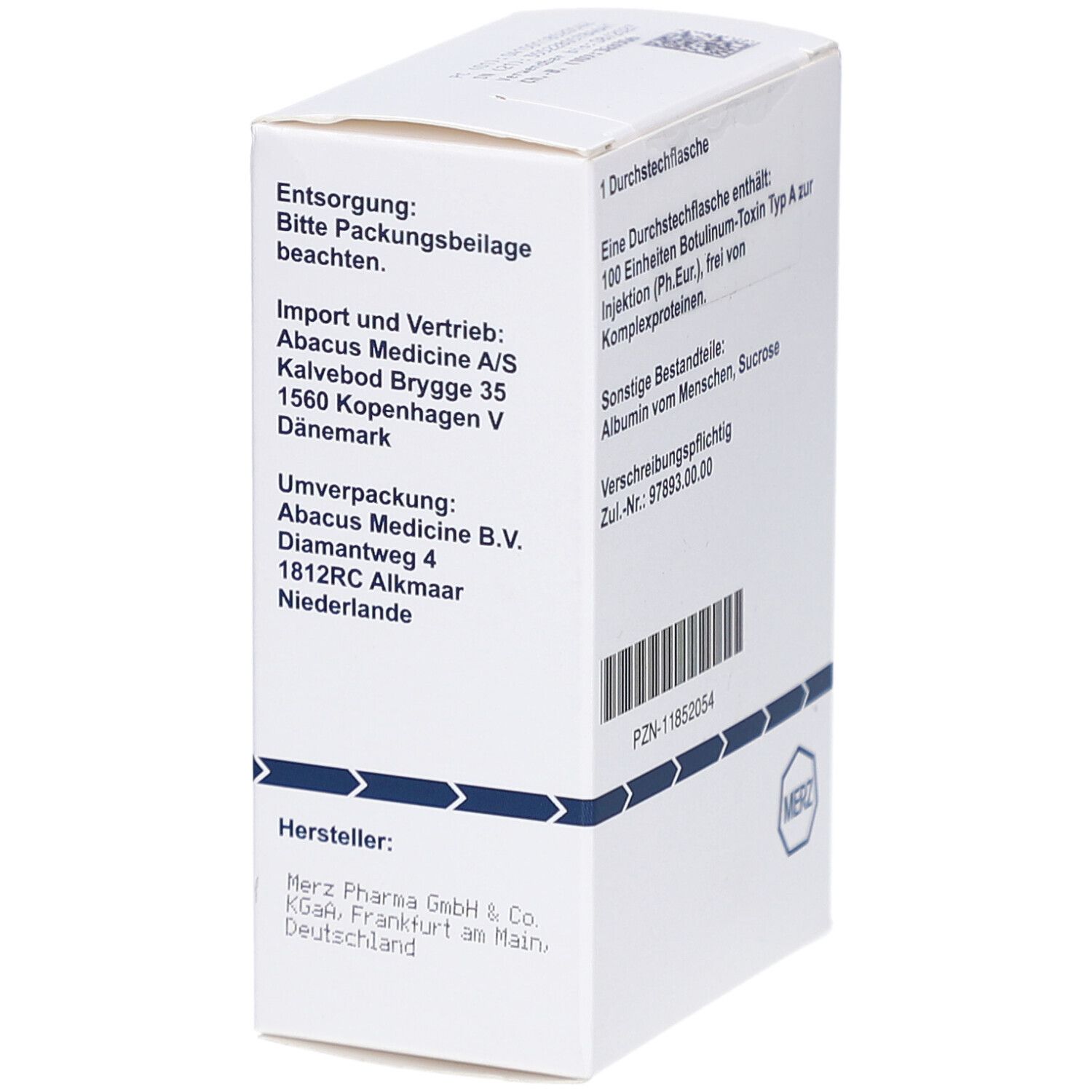 Weiße Xeomin-Verpackung, Seitenansicht. Text: Import und Vertrieb, Herstellerangaben. Logo und Barcode.