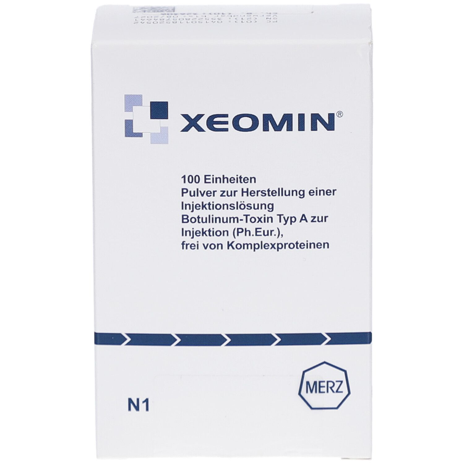 Weiße Xeomin-Verpackung. Aufschrift: 100 Einheiten, Pulver zur Herstellung einer Injektionslösung. Logo und Herstellerangaben.