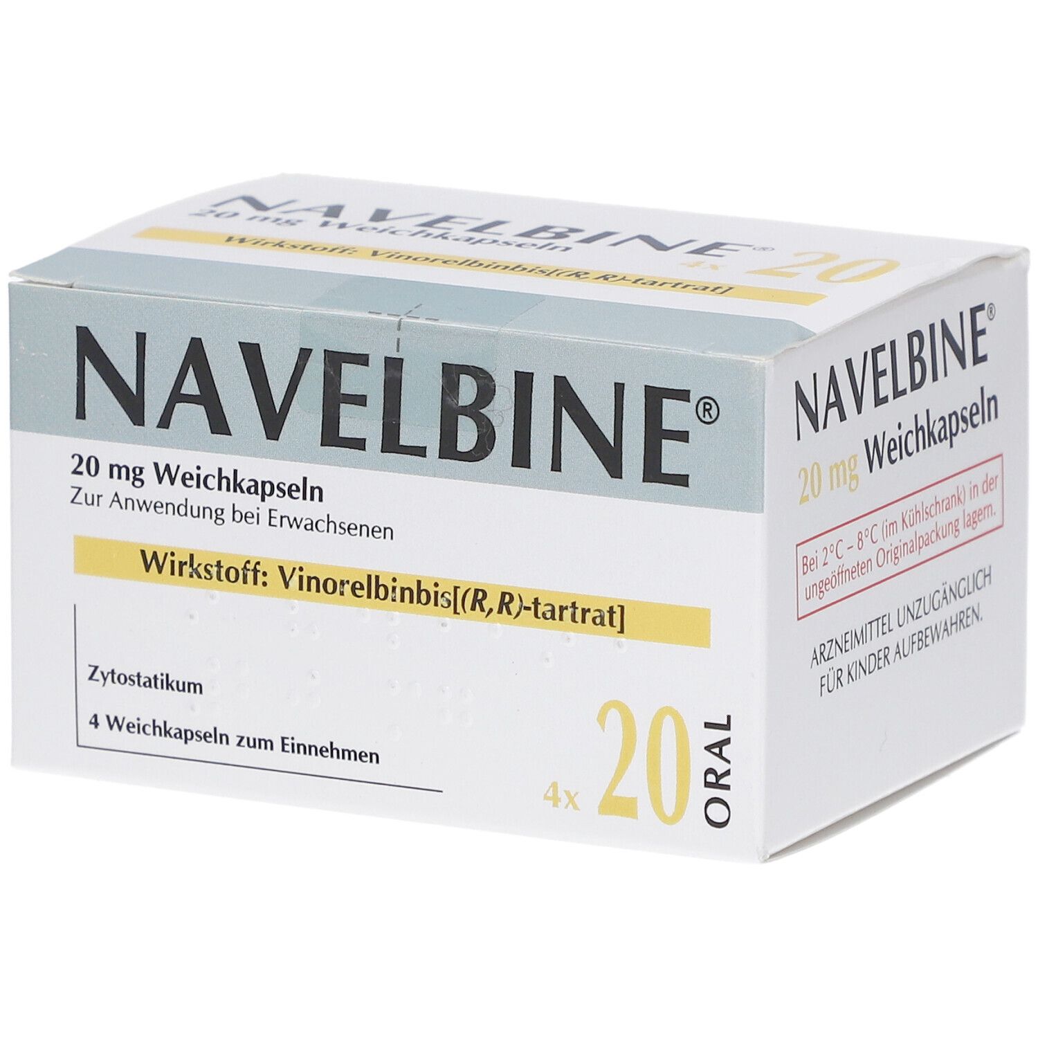 NAVELBINE 20 mg Weichkapseln-Packung. Aufschrift: 20 mg, 4 Weichkapseln. Wirkstoff: Vinorelbine. Zytostatikum. Zur Anwendung bei Erwachsenen.