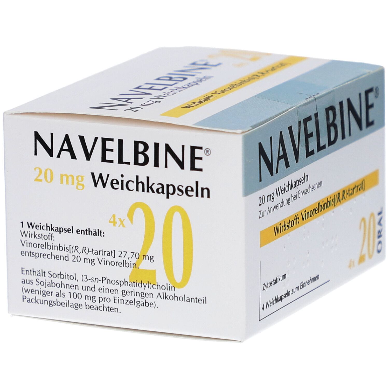 NAVELBINE 20 mg Weichkapseln-Packung. Enthält 4x20 Kapseln. Aufschrift: 20 mg, Wirkstoff: Vinorelbine. Zytostatikum. Für Erwachsene.