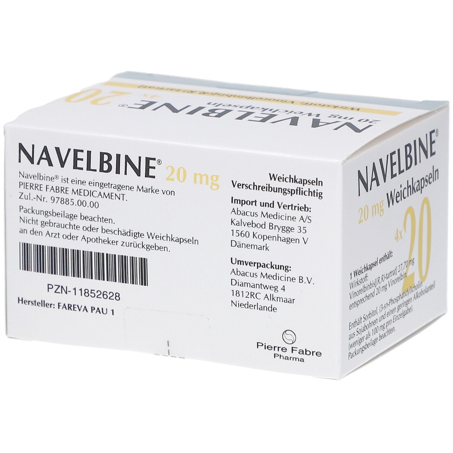 NAVELBINE 20 mg Weichkapseln-Packung. Hersteller: Pierre Fabre. Aufschrift: 20 mg, 4x20 Kapseln. Importeur: Abacus Medicine A/S.