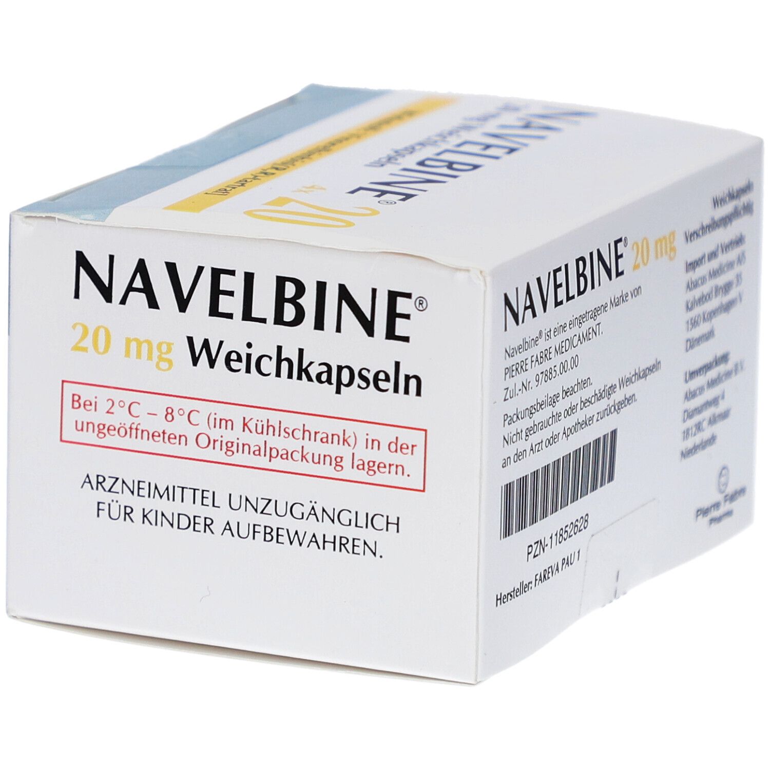 NAVELBINE 20 mg Weichkapseln-Packung. Aufschrift: 20 mg. Arzneimittel unzugänglich für Kinder aufbewahren. Lagerung bei 2-8°C.