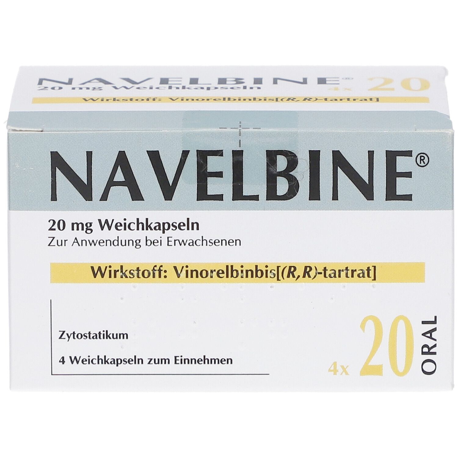 NAVELBINE 20 mg Weichkapseln-Packung. Aufschrift: 20 mg, 4x20 Kapseln. Wirkstoff: Vinorelbine. Zytostatikum. Für Erwachsene.