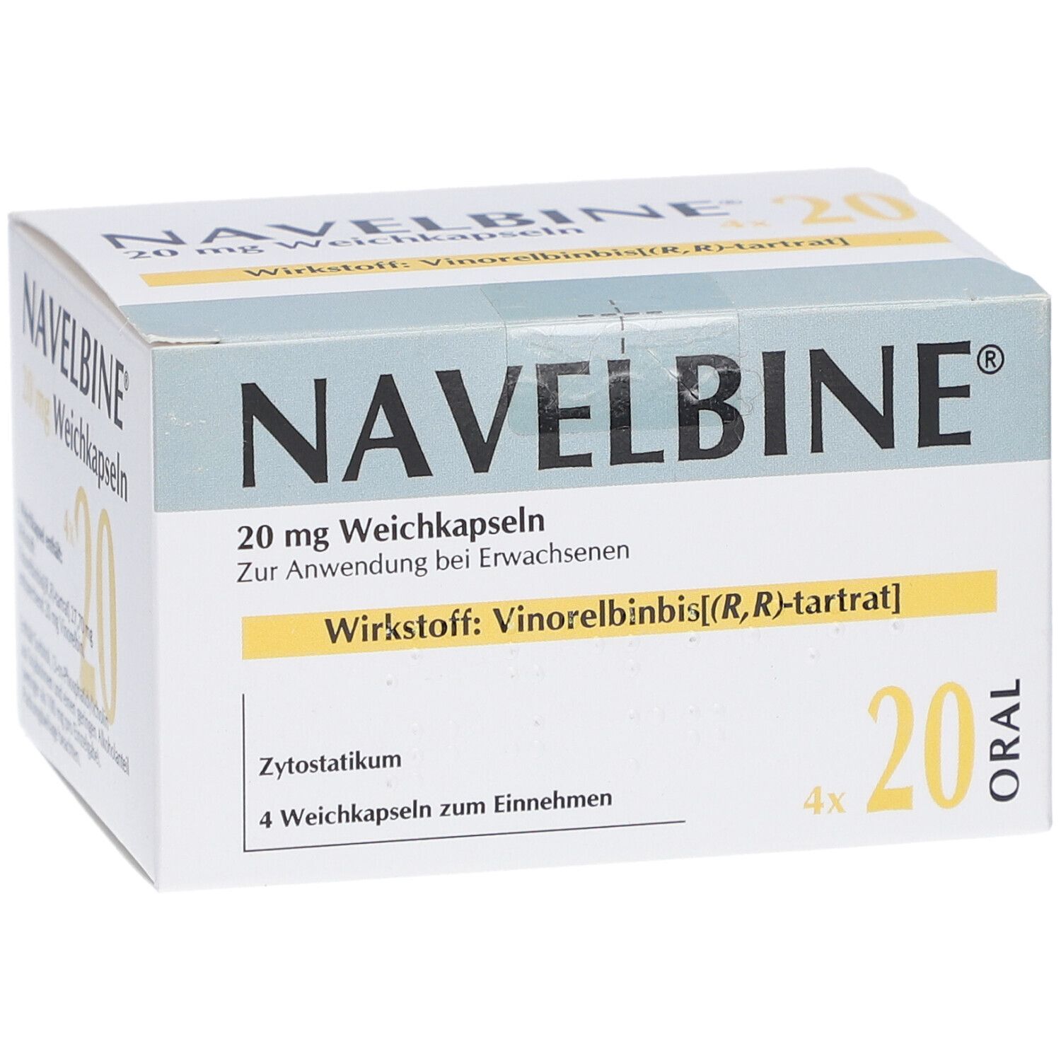 NAVELBINE 20 mg Weichkapseln-Packung. Aufschrift: 20 mg, 4x20 Kapseln. Wirkstoff: Vinorelbine. Zytostatikum. Für Erwachsene.