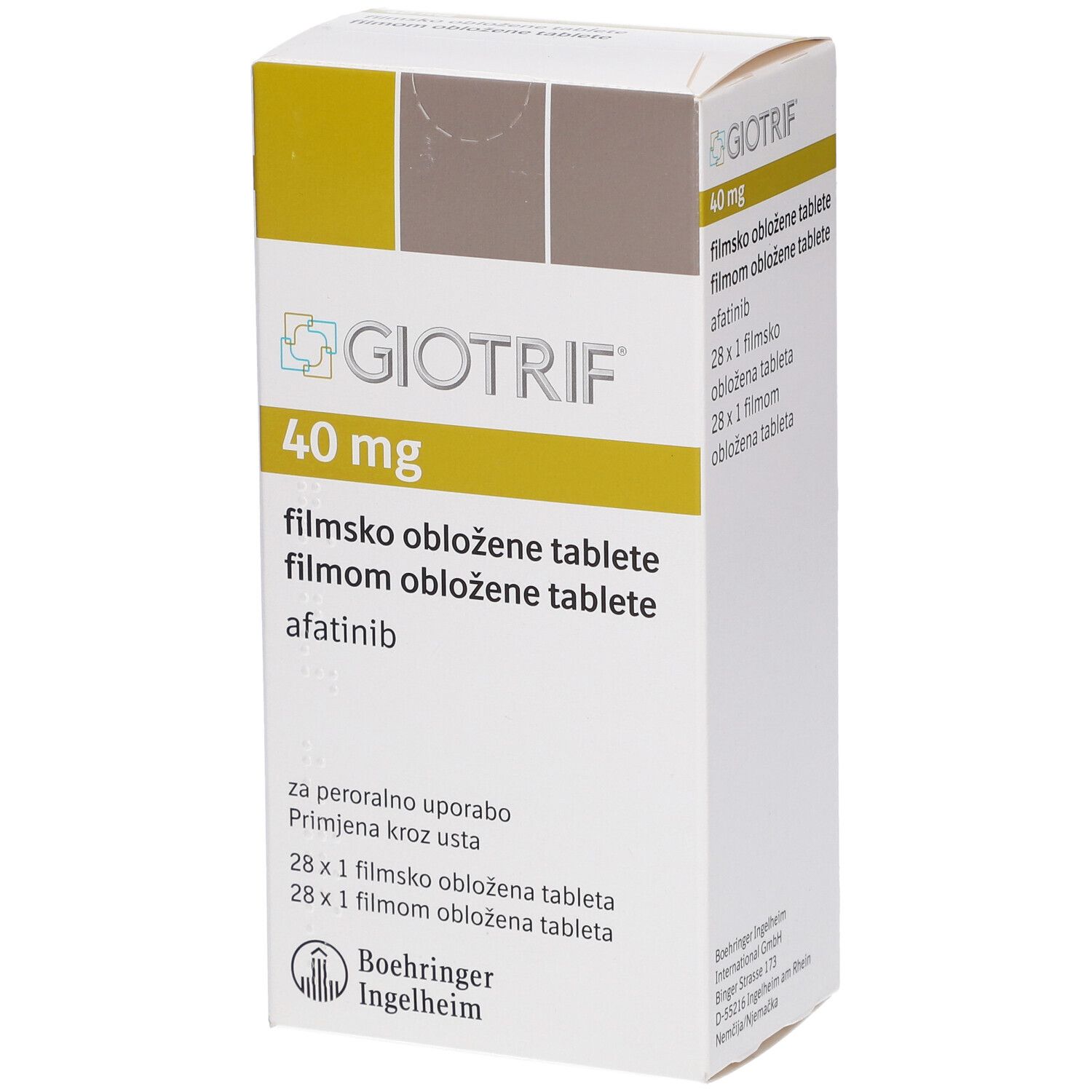 Schachtel mit GIOTRIF 40 mg Filmtabletten. Enthält Afatinib. Aufschrift: 28 x 1 Filmtablette. Ansicht schräg von oben.