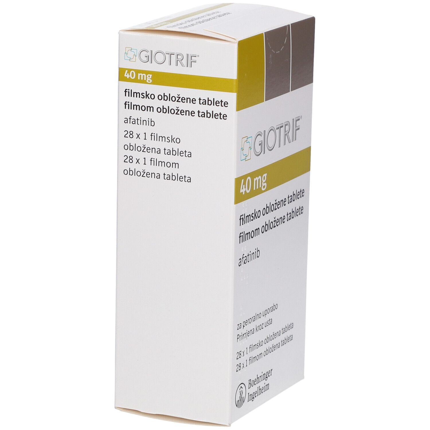 Schachtel mit GIOTRIF 40 mg Filmtabletten. Enthält Afatinib. Aufschrift: 28 x 1 Filmtablette. Ansicht schräg von oben.