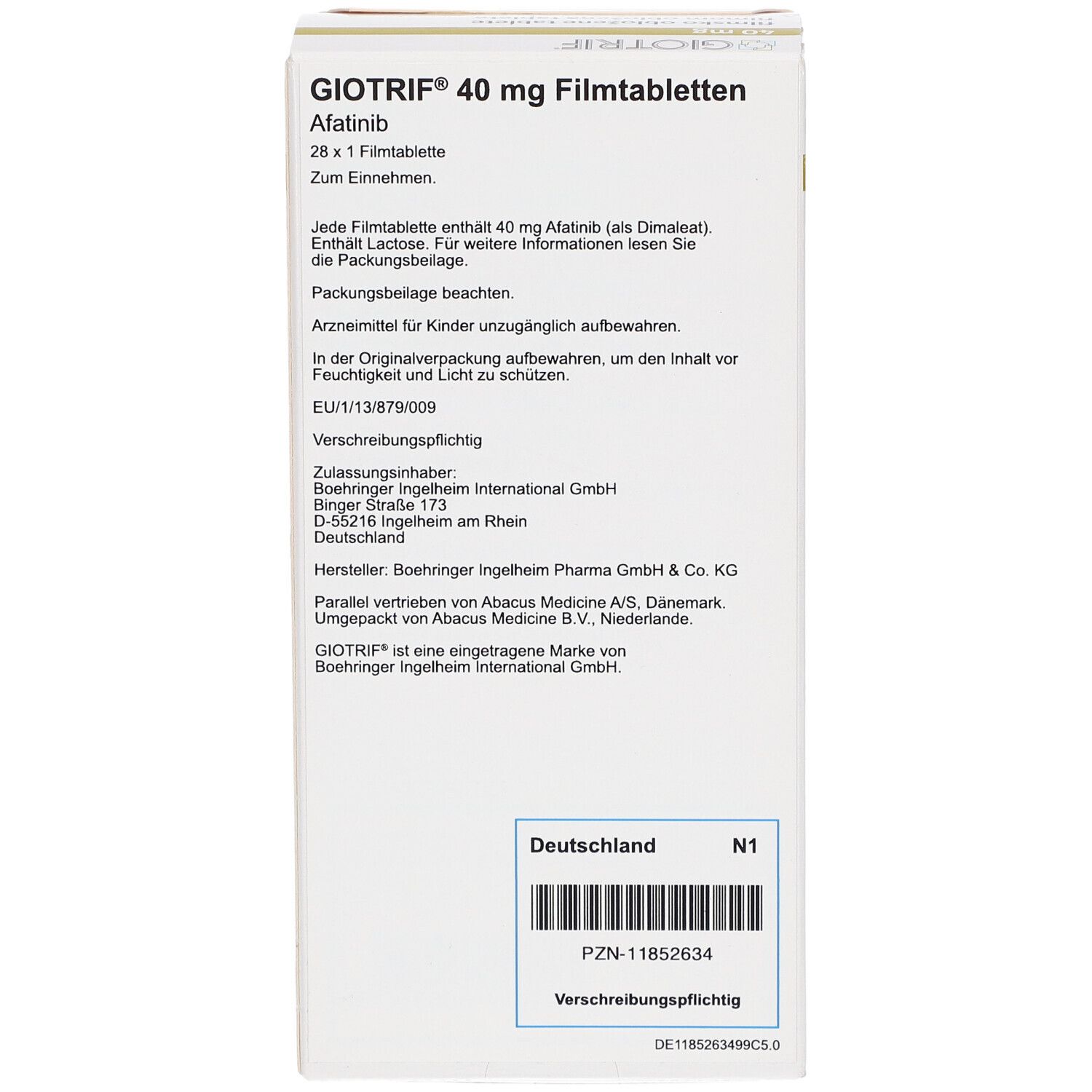 Rückseite der Schachtel mit GIOTRIF 40 mg Filmtabletten. Enthält Afatinib. Text und Barcode. Aufschrift: Deutschland.