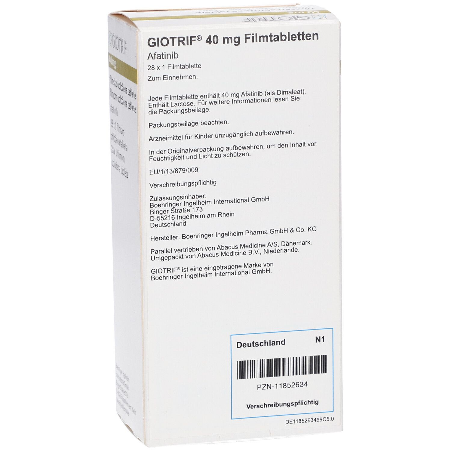 Rückseite der Schachtel mit GIOTRIF 40 mg Filmtabletten. Enthält Afatinib. Text und Barcode. Aufschrift: Deutschland.