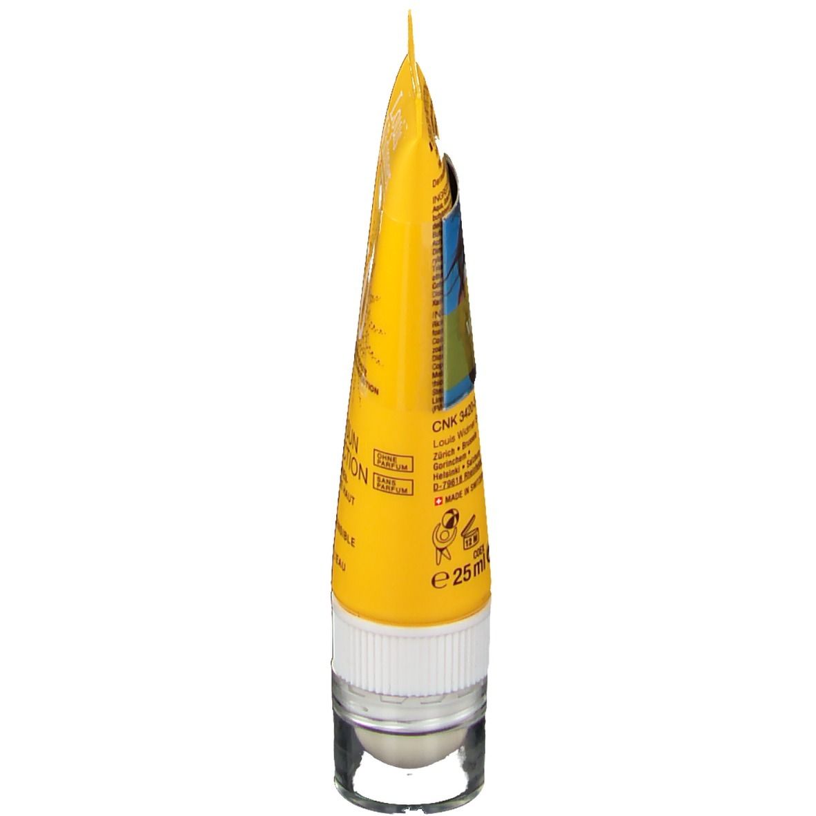 Gelbe Tube, Seitenansicht. Aufschrift: Extra Sun Protection, 25ml. Mit weißem Verschluss und Applikator.