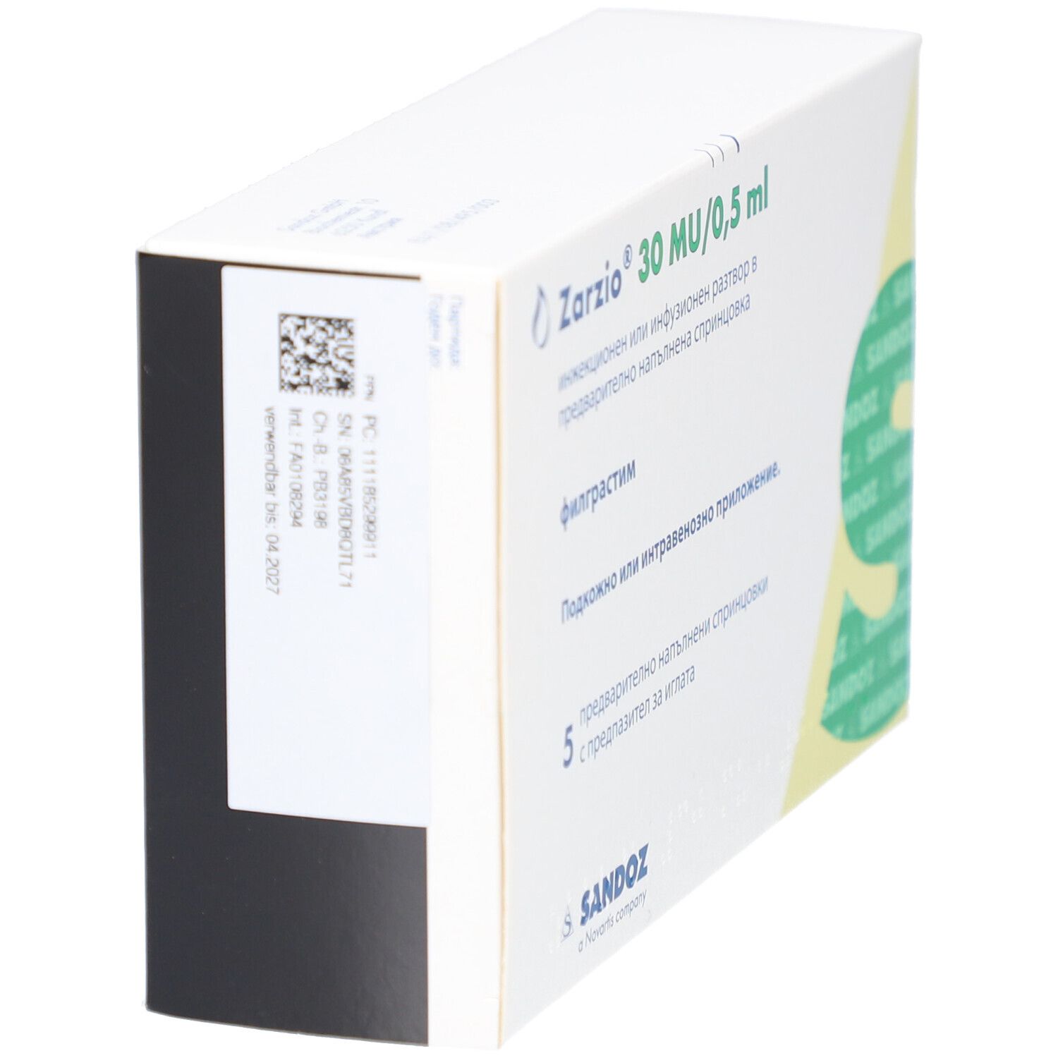 Zarzio 30 MU/0,5 ml Verpackung. Seitenansicht mit Barcode und Produktinformationen. Sandoz-Logo.
