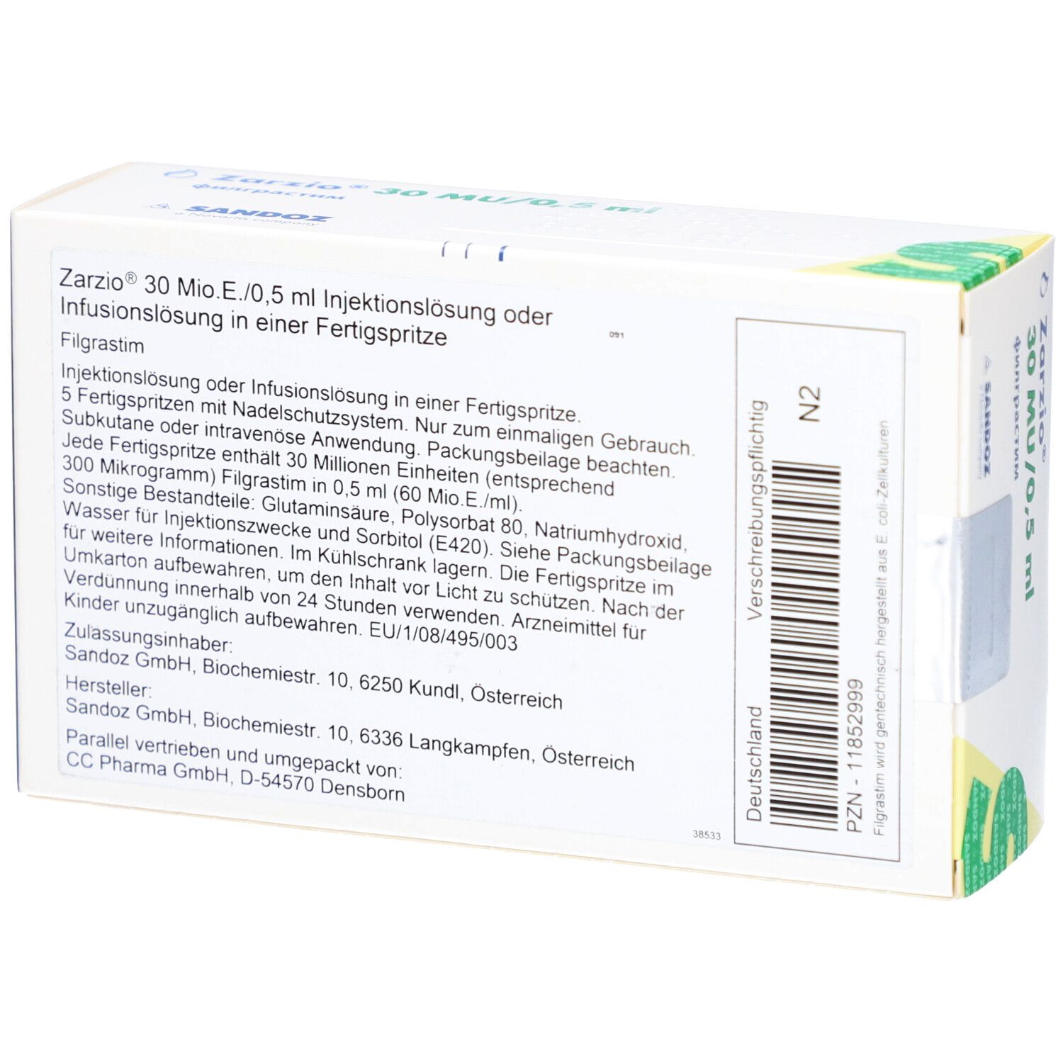 Rückseite der Zarzio 30 MU/0,5 ml Verpackung. Produktinformationen, Herstellerangaben und Barcode.