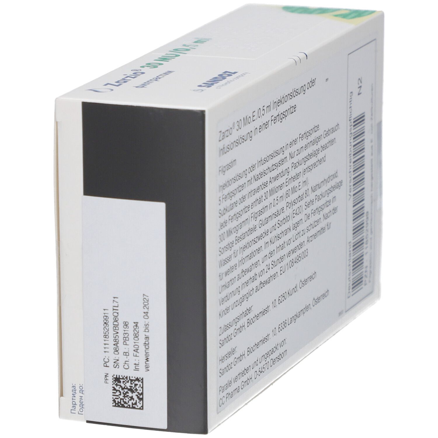 Zarzio 30 MU/0,5 ml Verpackung. Seitenansicht mit Barcode und Produktinformationen. Sandoz-Logo.