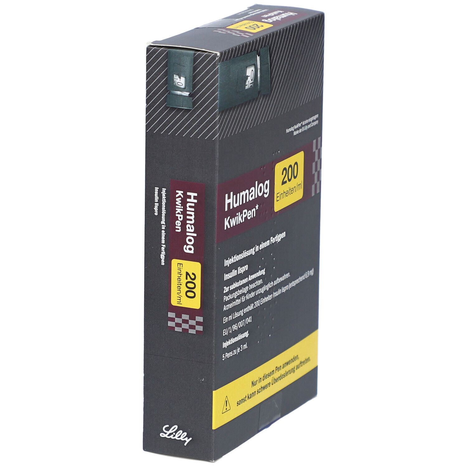 Humalog KwikPen-Verpackung, schräg. Schwarze Box mit gelben Akzenten. Enthält 200 Einheiten/ml.