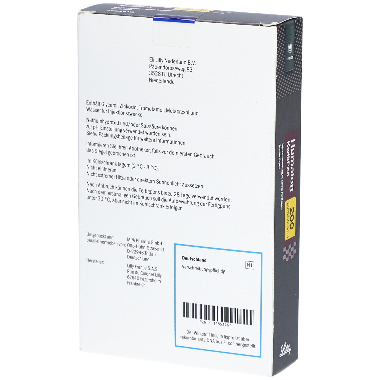 Rückseite der Humalog KwikPen-Verpackung. Enthält Informationen und Herstellerdetails. Weißer Hintergrund.