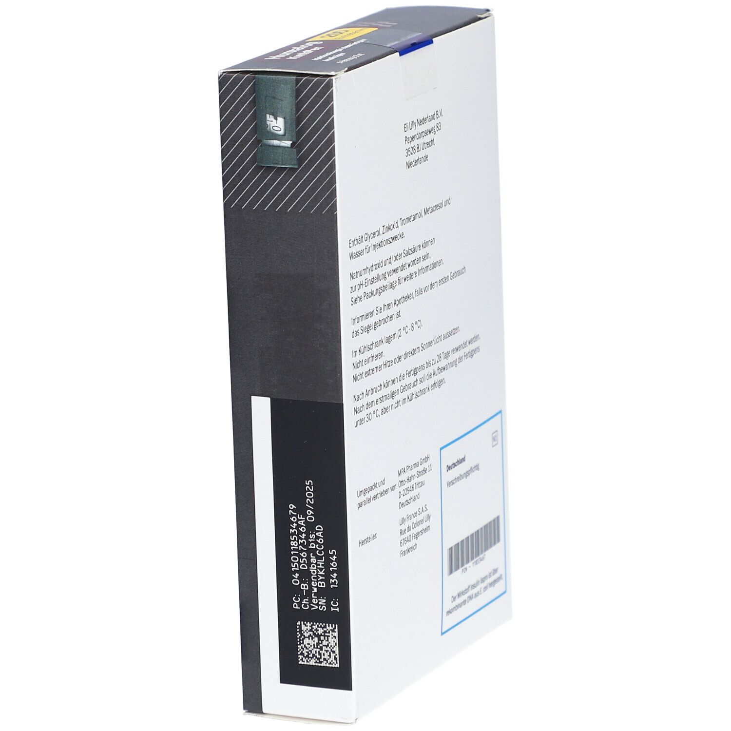 Seite der Humalog KwikPen-Verpackung. Enthält Informationen und Codes. Weißer Hintergrund.