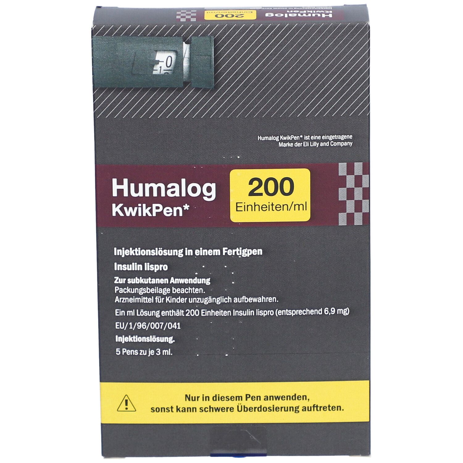 Humalog KwikPen-Verpackung. Schwarze Box mit Produktinformationen und Dosierungshinweis.