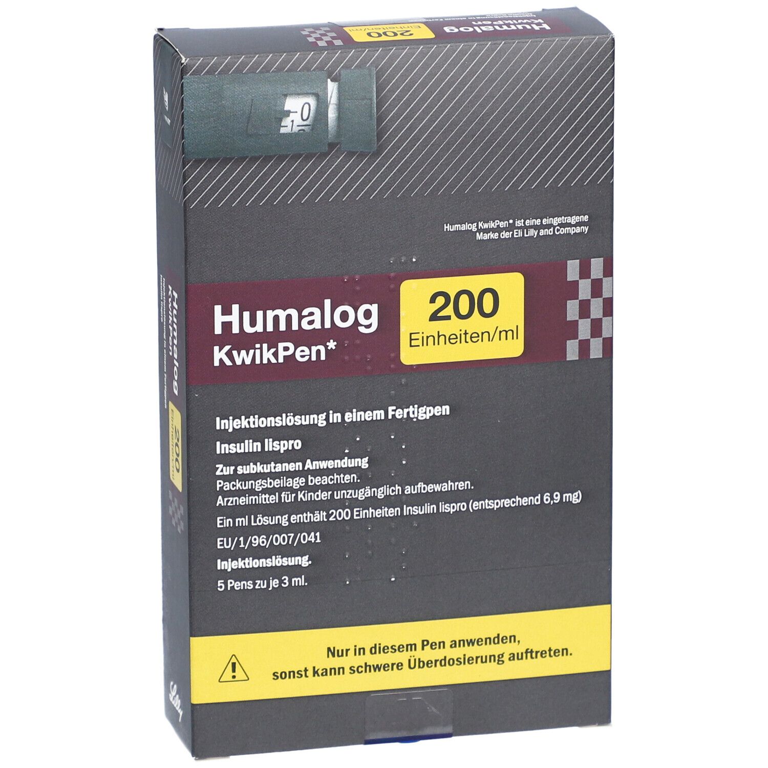 Humalog KwikPen-Verpackung, leicht schräg. Schwarze Box mit Produktinformationen und Dosierungshinweis.