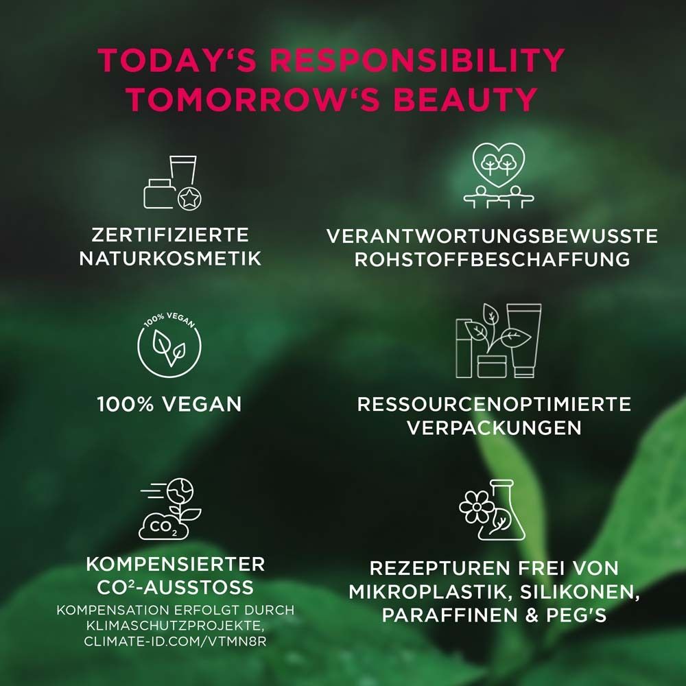 Infographie avec texte et icônes. Cosmétiques naturels certifiés, vegan, compensation CO2.