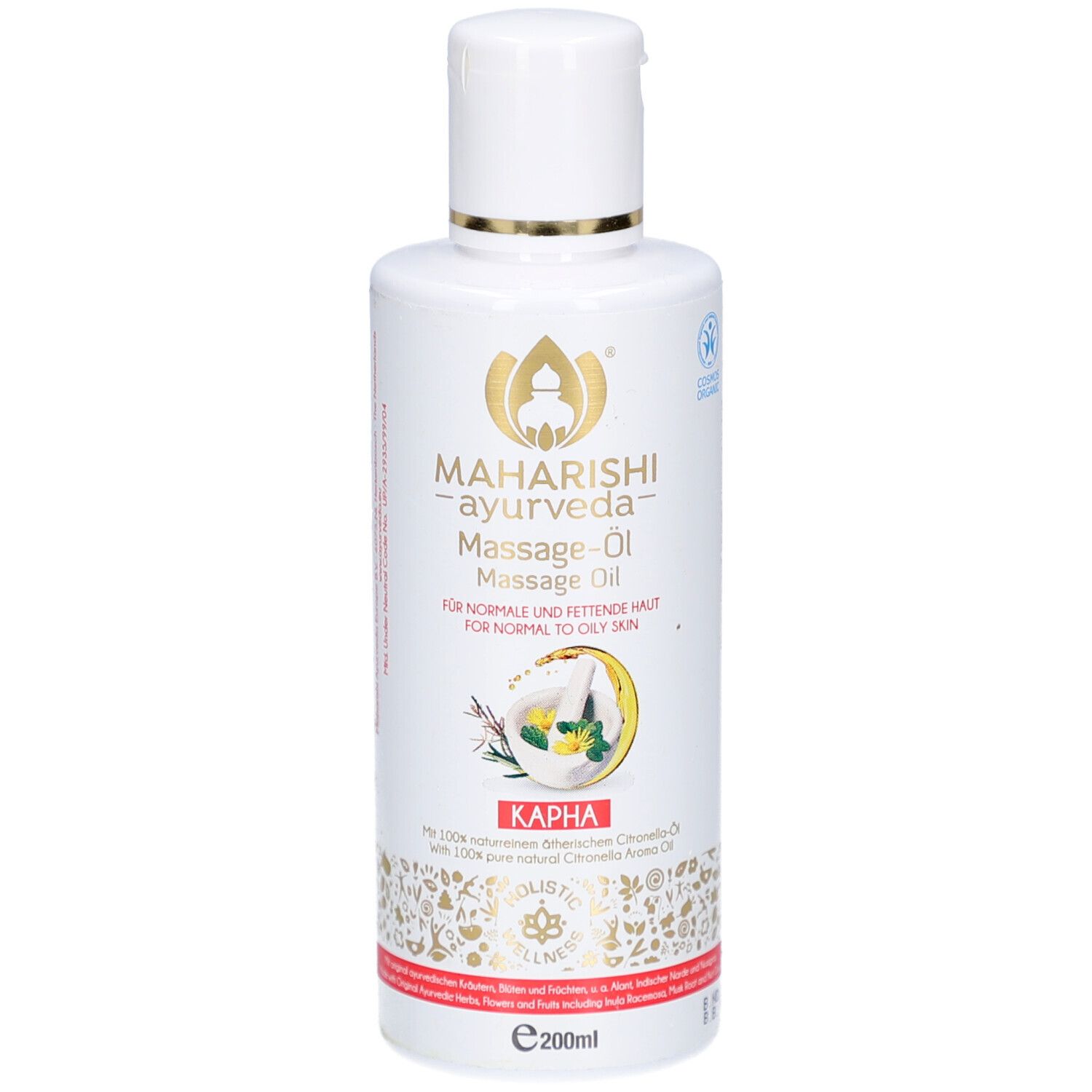 Weiße Flasche mit goldfarbenen Akzenten. Aufschrift: MAHARISHI ayurveda Massage-Öl. Kapha. Für normale bis fettige Haut.