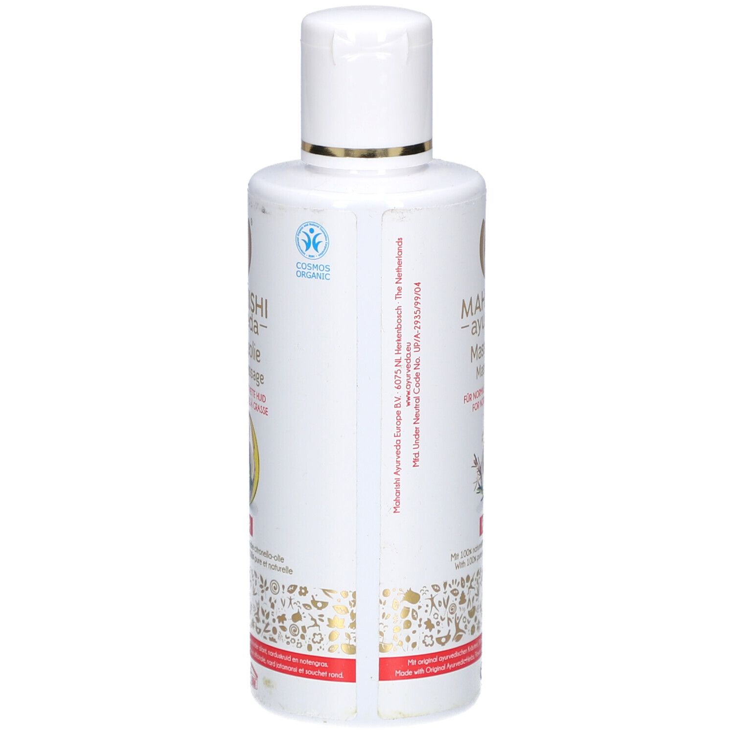 Rückseite einer weißen Flasche. Aufschrift: MAHARISHI ayurveda Massage-Öl. Logos und Text. Kosmetik-Zertifizierung.