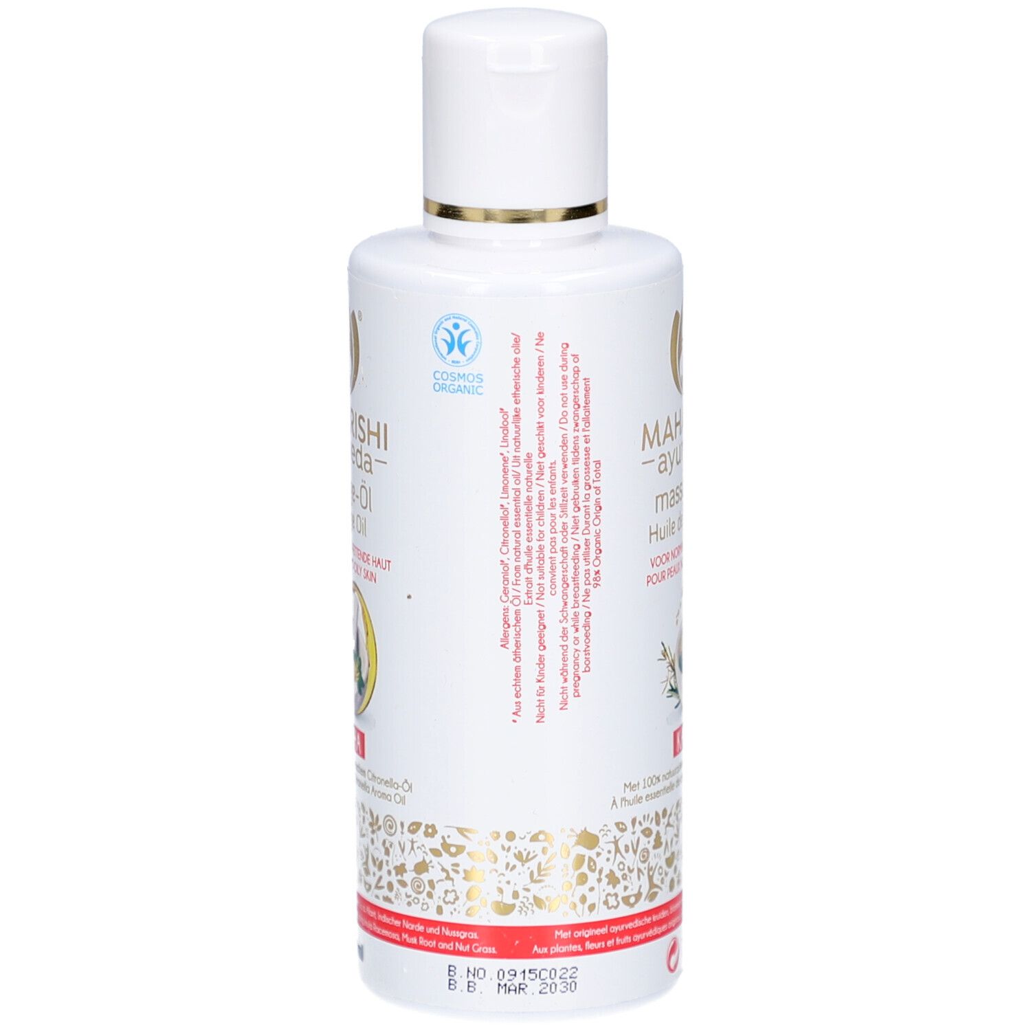 Rückseite einer weißen Flasche. Aufschrift: MAHARISHI ayurveda Massageöle. Logos und Text. Kosmetik-Zertifizierung.