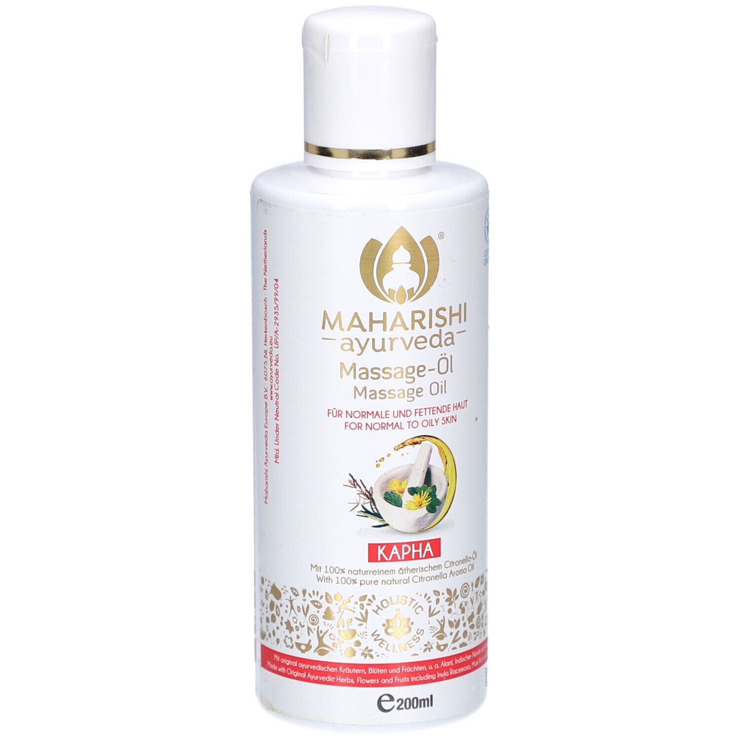 Weiße Flasche mit goldfarbenen Akzenten. Aufschrift: MAHARISHI ayurveda Massage-Öl. Kapha. Für normale bis fettige Haut.