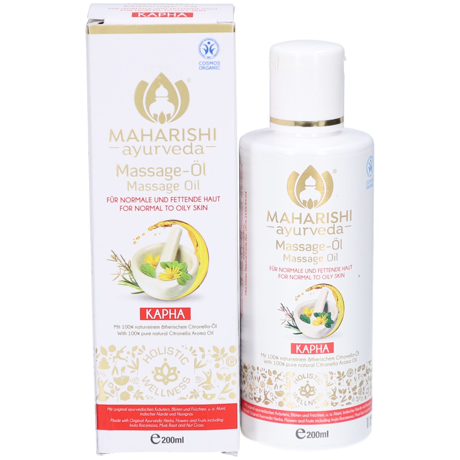 Produktverpackung mit Flasche. Aufschrift: MAHARISHI ayurveda Massage-Öl. Kapha. Für normale bis fettige Haut. Kosmetik-Zertifizierung.
