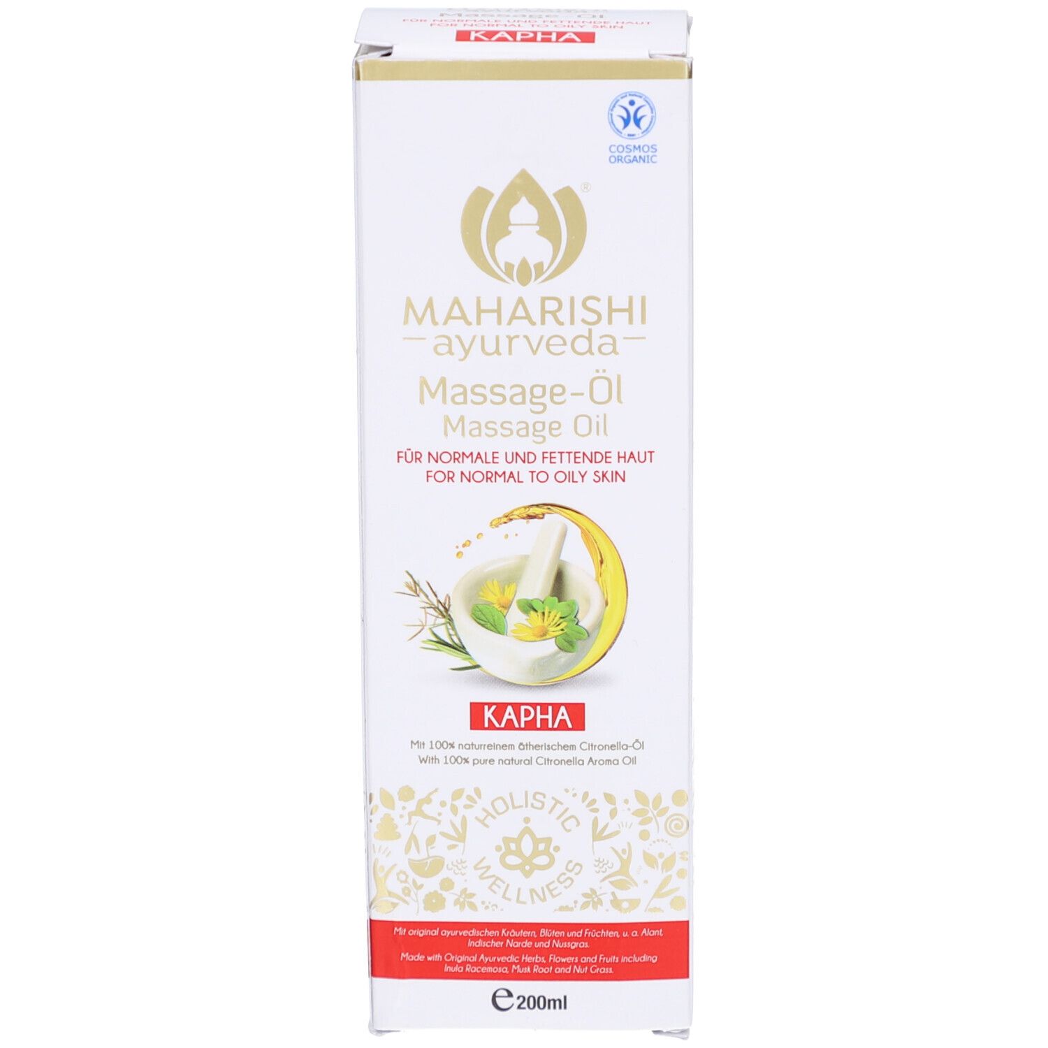 Produktverpackung. Aufschrift: MAHARISHI ayurveda Massage-Öl. Kapha. Für normale bis fettige Haut. Kosmetik-Zertifizierung.