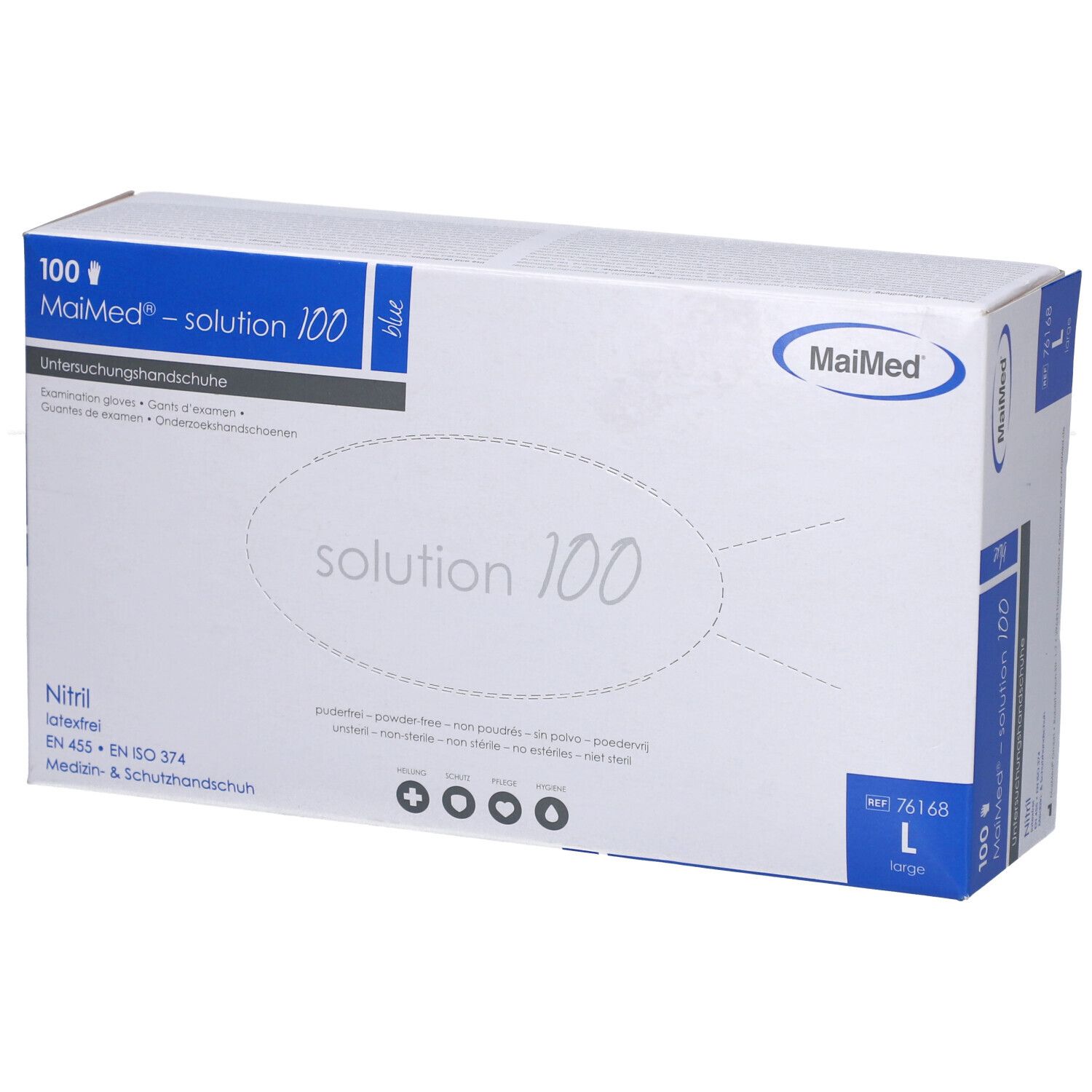 Karton mit MaiMed-Handschuhen. Aufschrift: solution 100, Nitril, EN 455, Größe L. Blaue und weiße Verpackung.