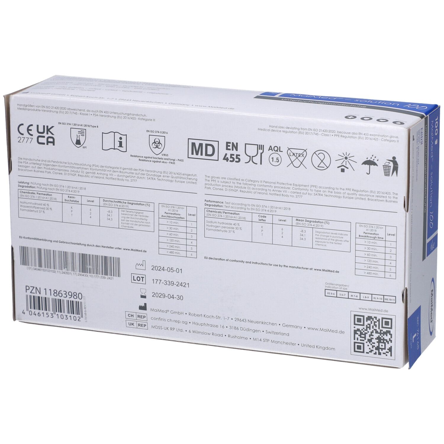 Rückseite der MaiMed-Handschuhbox. Informationen zu Zertifizierungen, Chargennummer, Verfallsdatum und QR-Code.