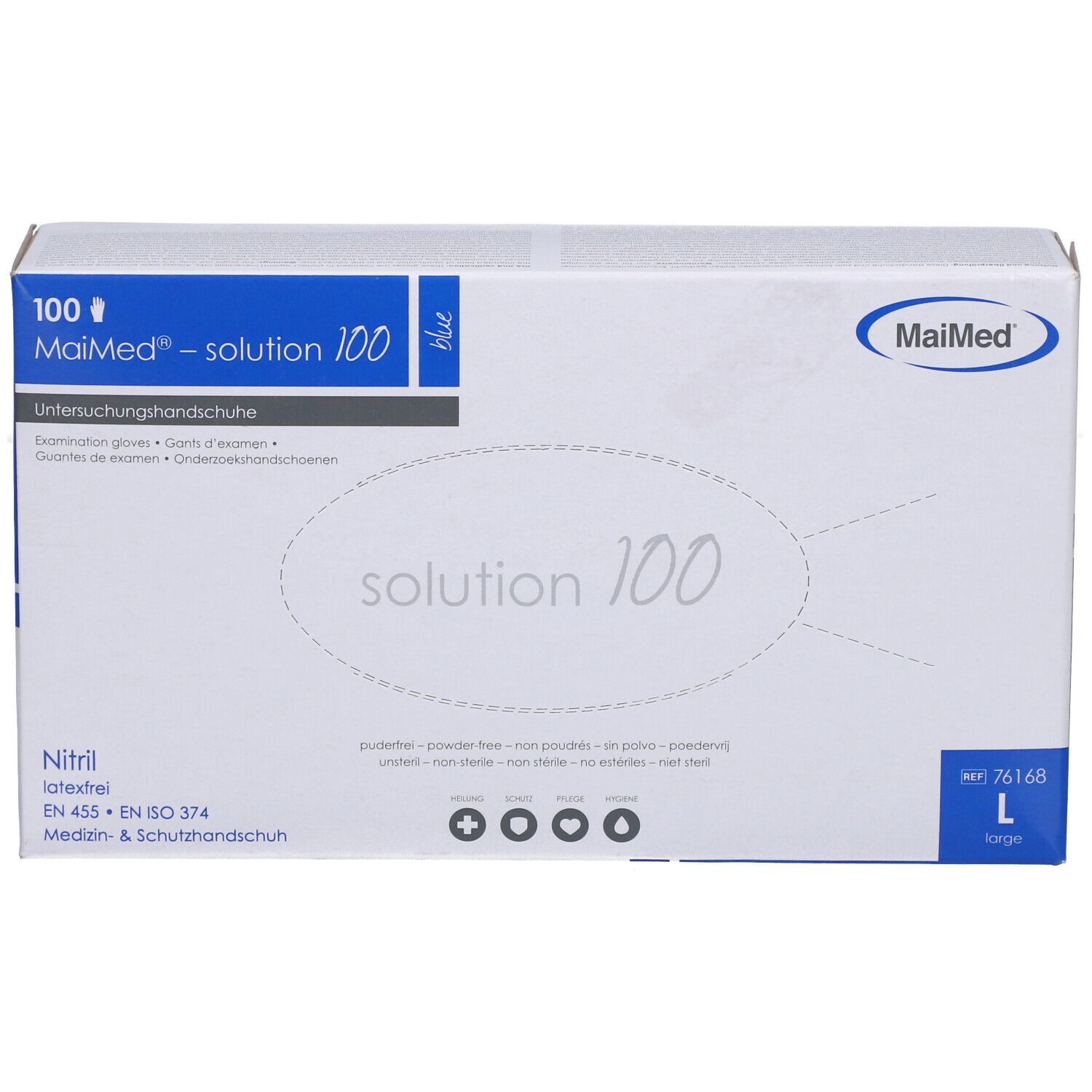 Karton mit MaiMed-Handschuhen. Aufschrift: solution 100, Nitril, EN 455, Größe L. Blaue und weiße Verpackung.