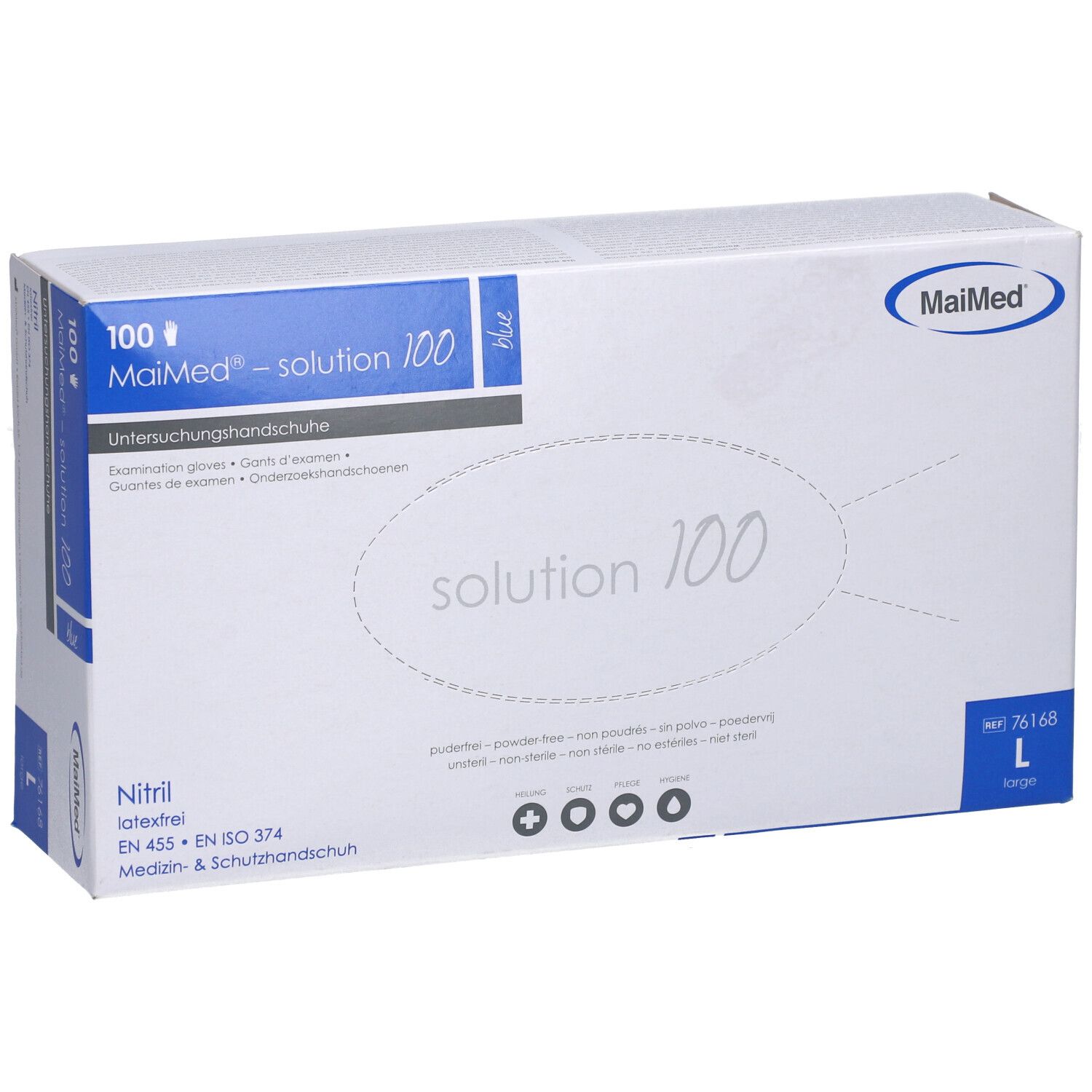 Karton mit MaiMed-Handschuhen. Aufschrift: solution 100, Nitril, EN 455, Größe L. Blaue und weiße Verpackung.