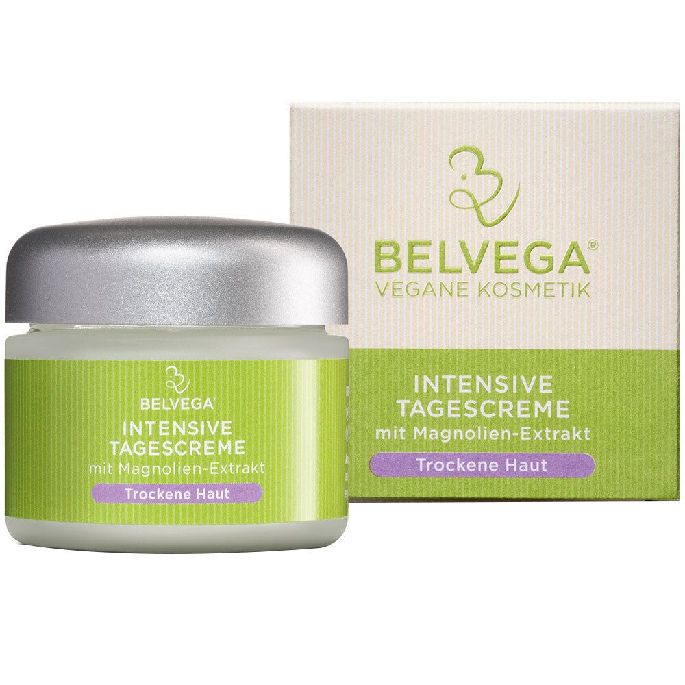 Creme-Tiegel und Verpackung. Aufschrift: BELVEGA® Intensive Tagescreme mit Magnolien-Extrakt. Für trockene Haut.
